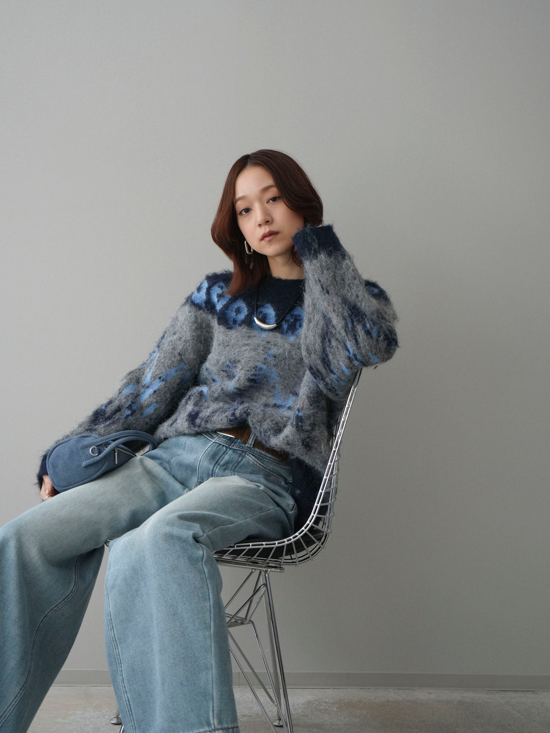 [SET]シャギーニュアンス柄ニットプルオーバー+ベルト付裏起毛カーブデニムパンツ(2set)