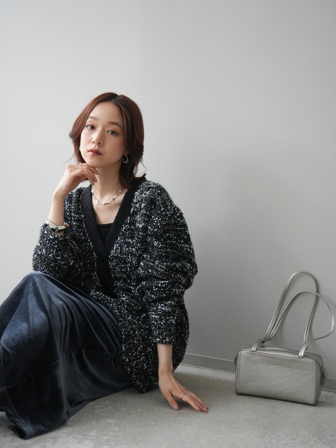 [SET]モールネップニットカーディガン+ギャザーベロアスカート(2set)