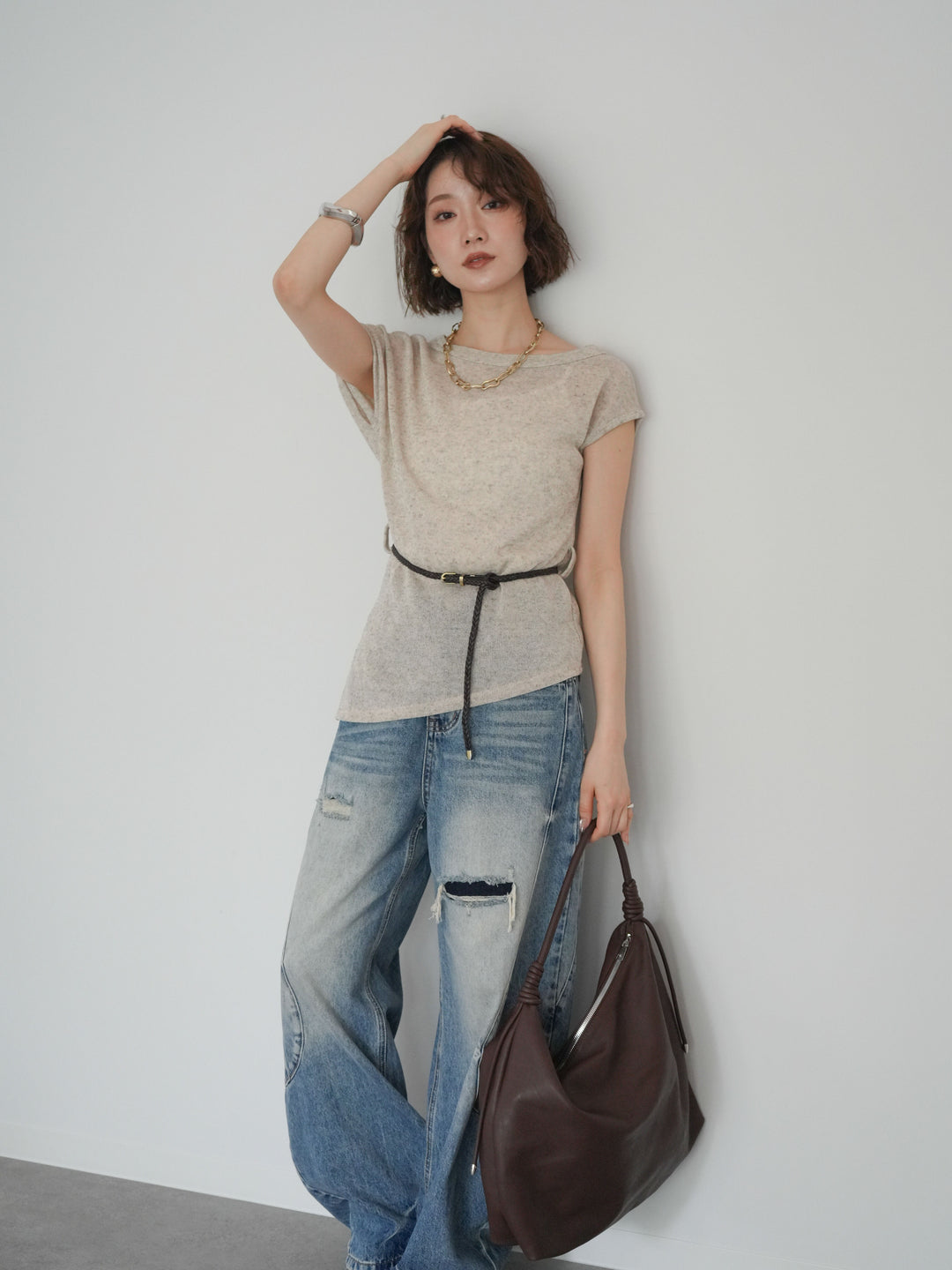 [予約]ベルト付アシメシアーニットトップス/beige