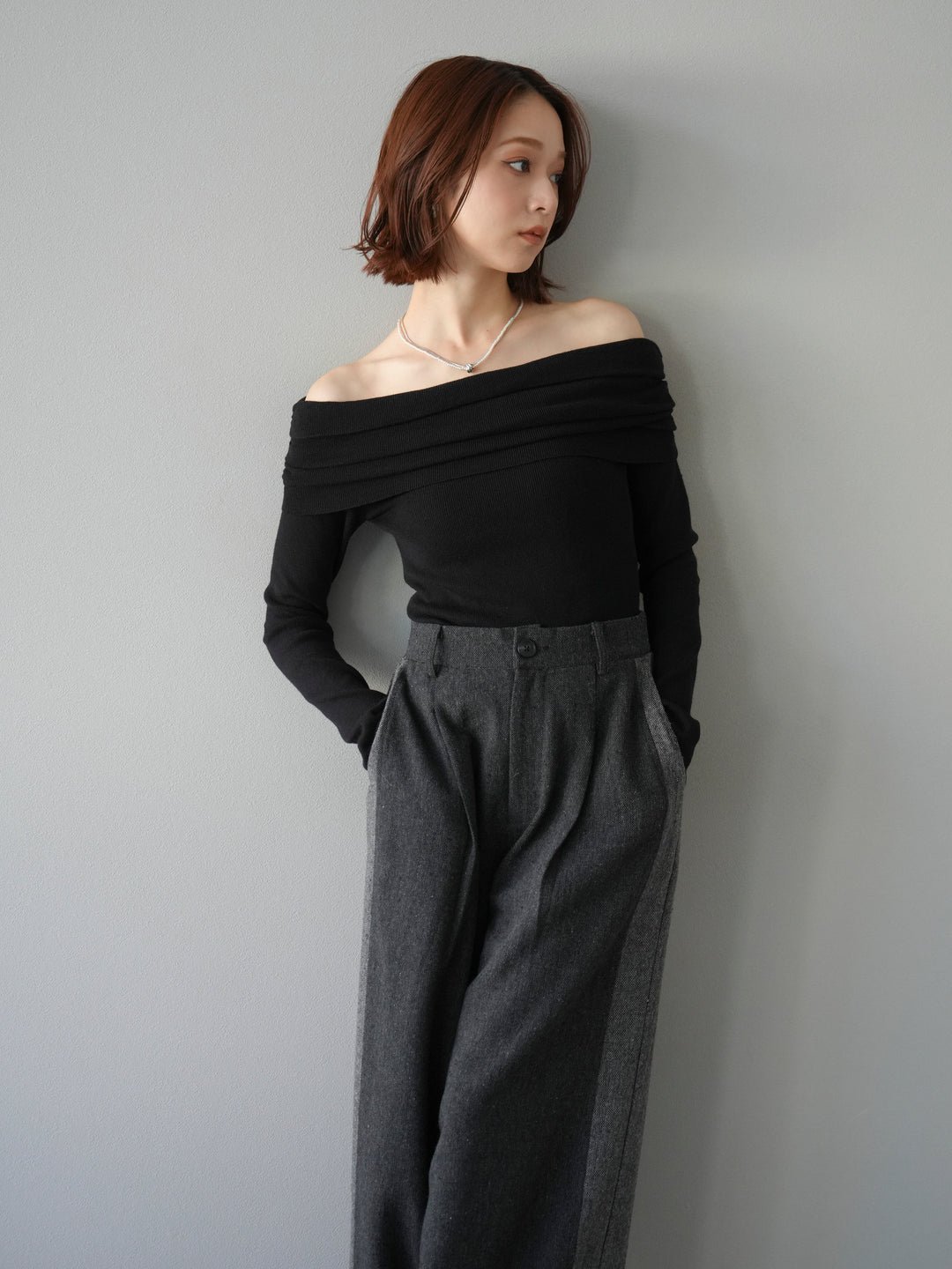 [予約]オフショルニットプルオーバー/ブラック