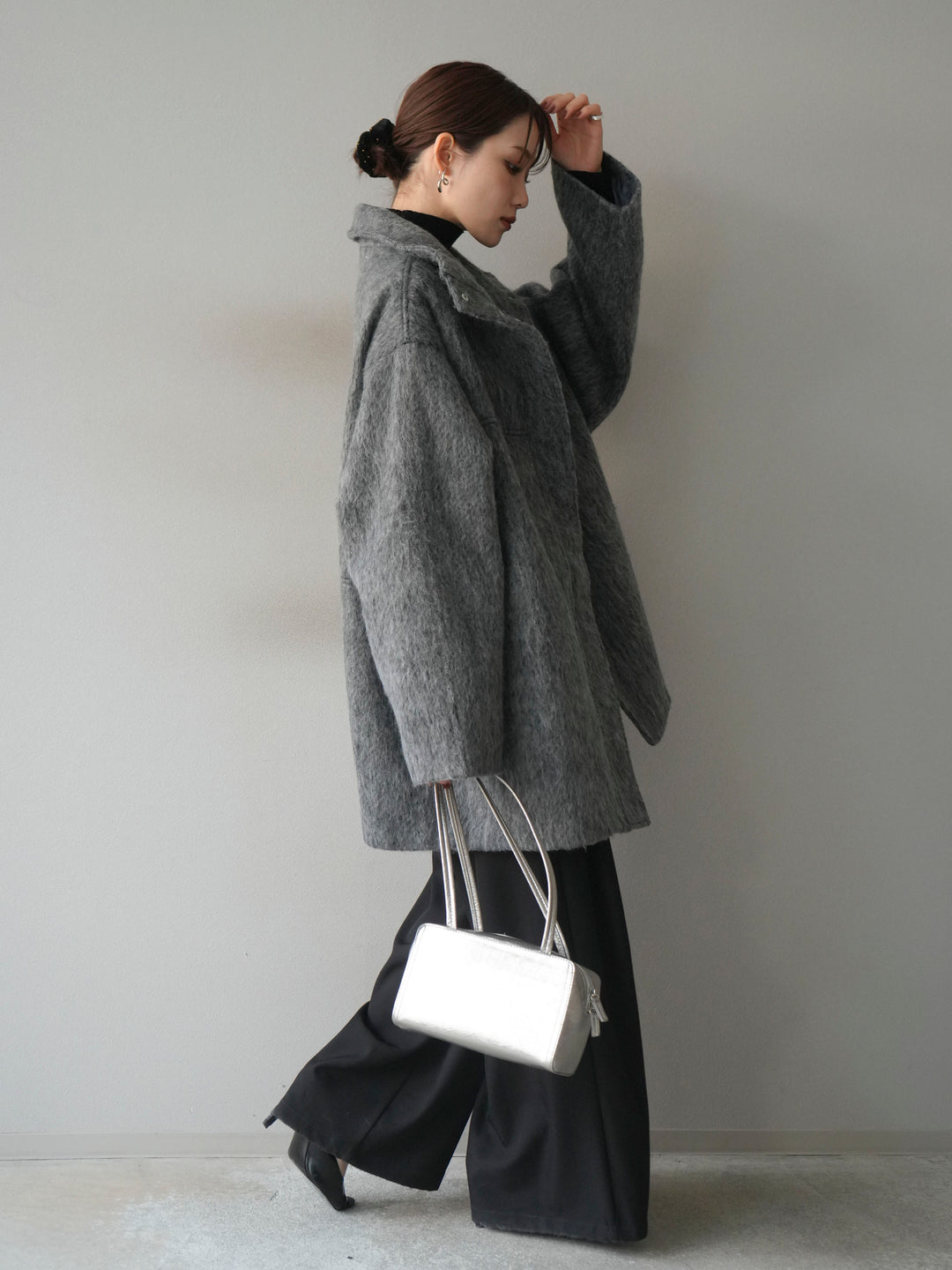 [予約]スタンドカラーシャギーコート/charcoal