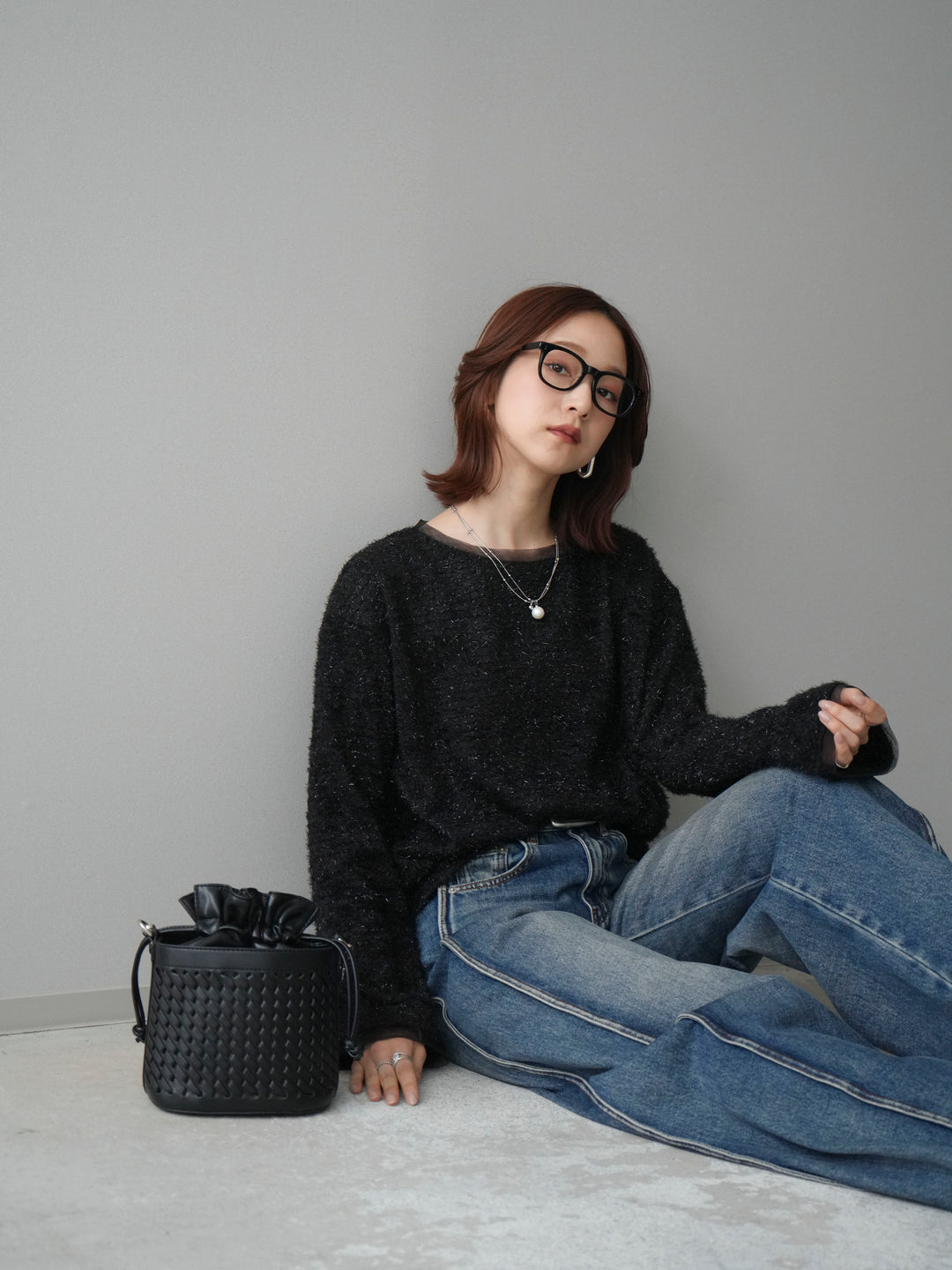 [SET]ラメシャギートップス+サイド切替カーブデニムパンツ(2set)