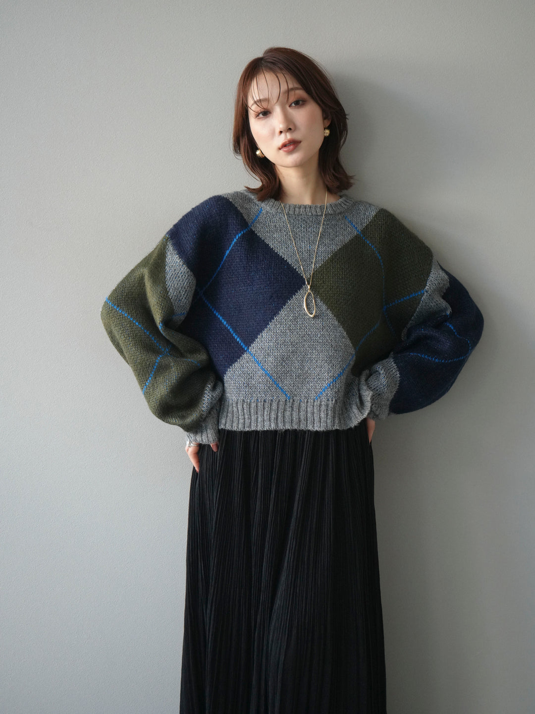 [予約]配色ステッチアーガイル柄ニットプルオーバー/gray