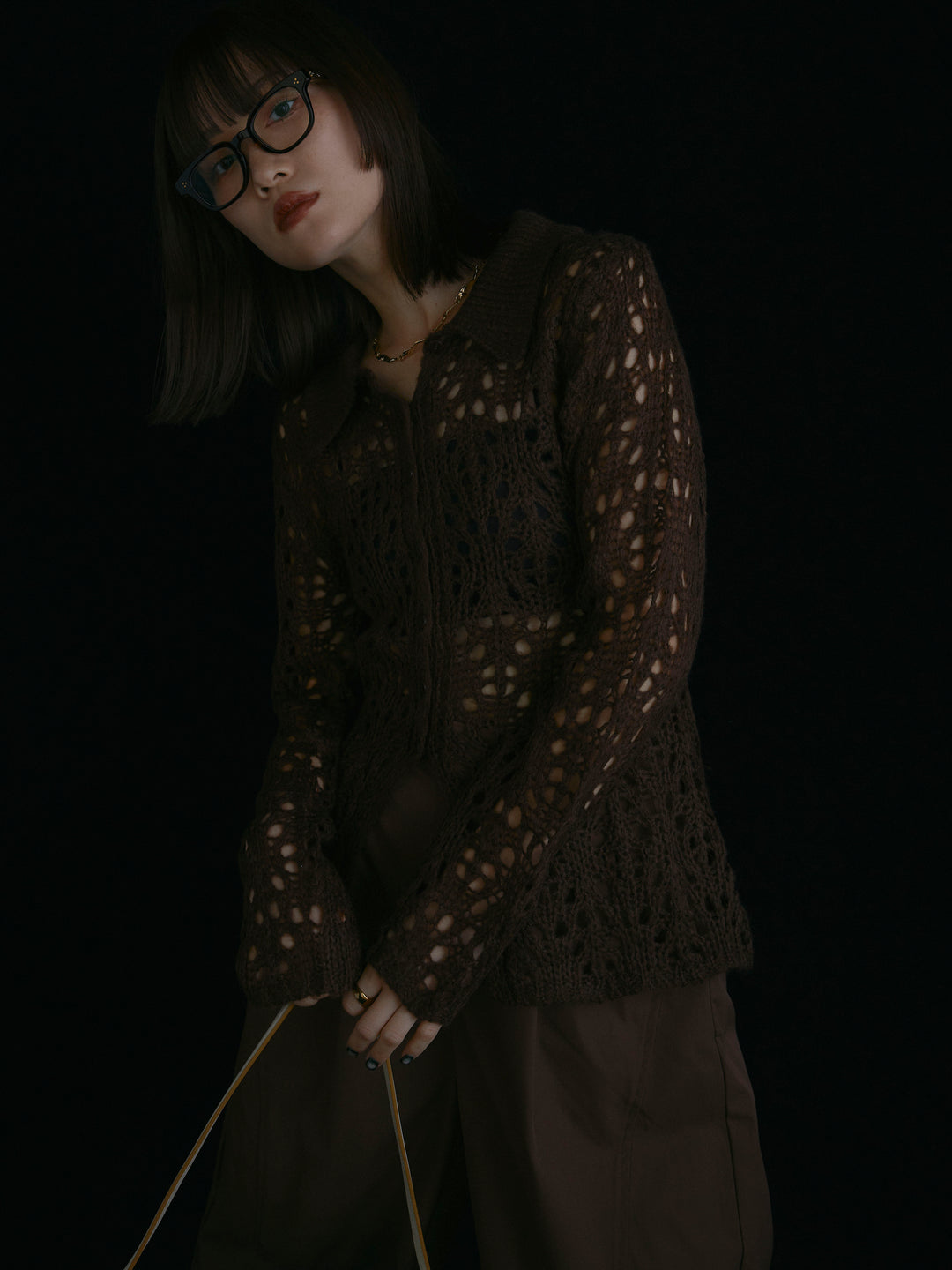 【Allure】[SET]ローゲージ透かし編みポロニッカーディガン+タフタワイドカーブパンツ(2set)