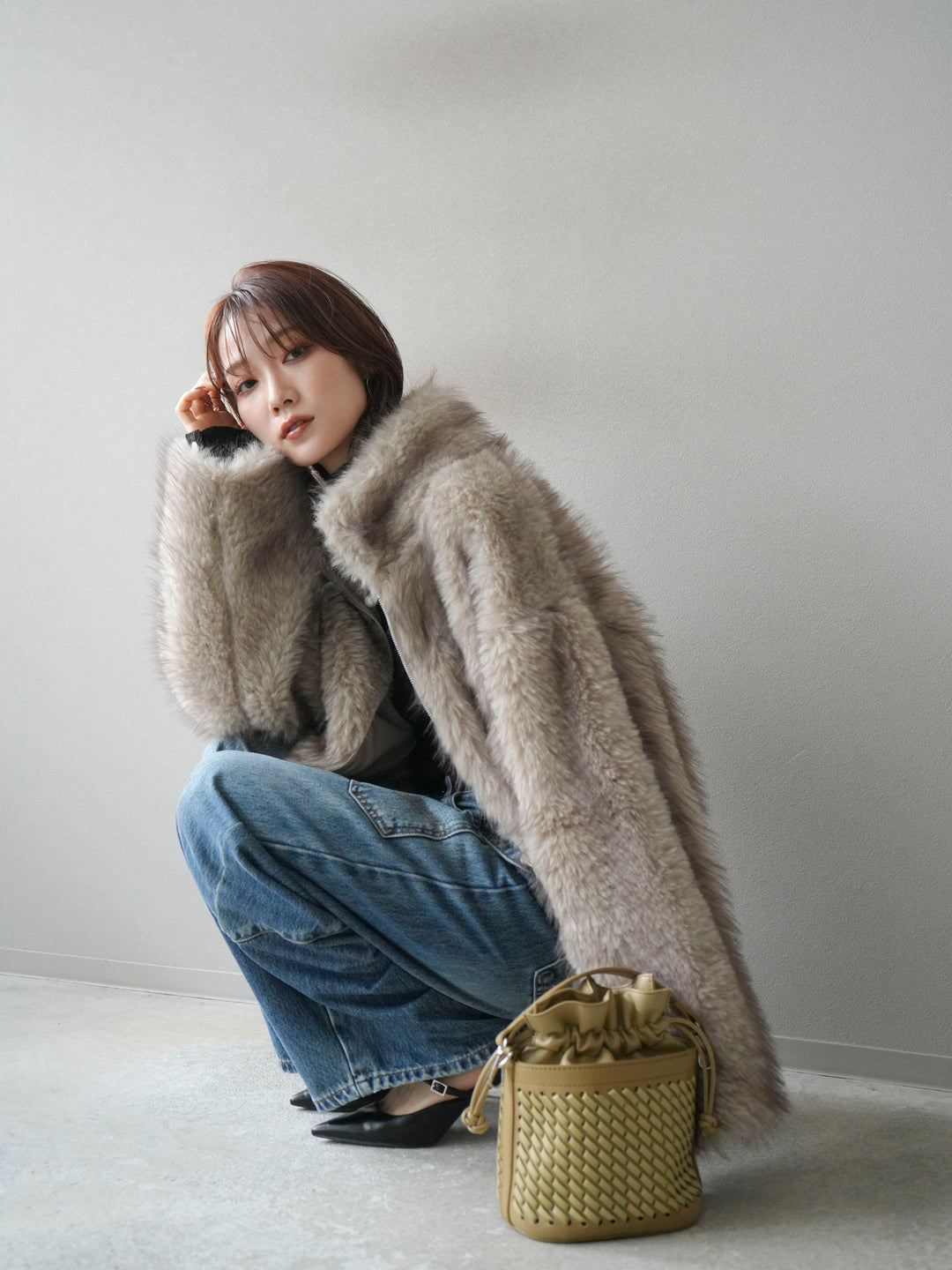 [予約]フェイクファーショートZIPジャケット/beigemix