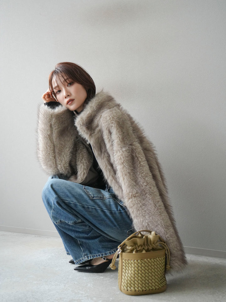 [予約]フェイクファーショートZIPジャケット/beigemix