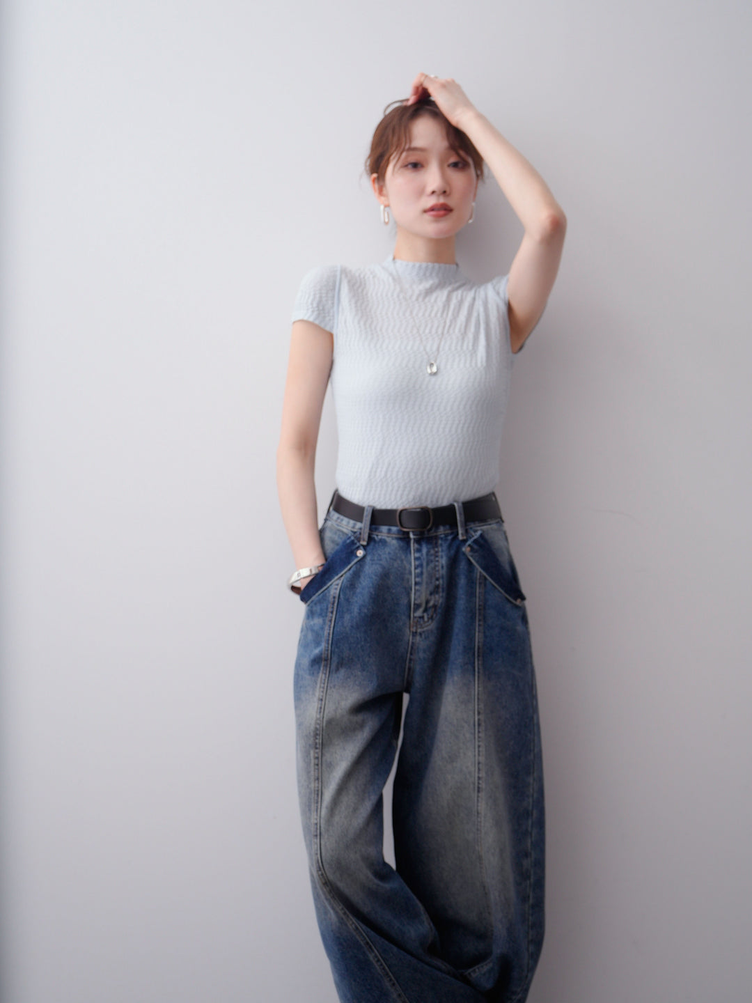 [予約]ウェーブハイネックフレンチニットトップス/blue