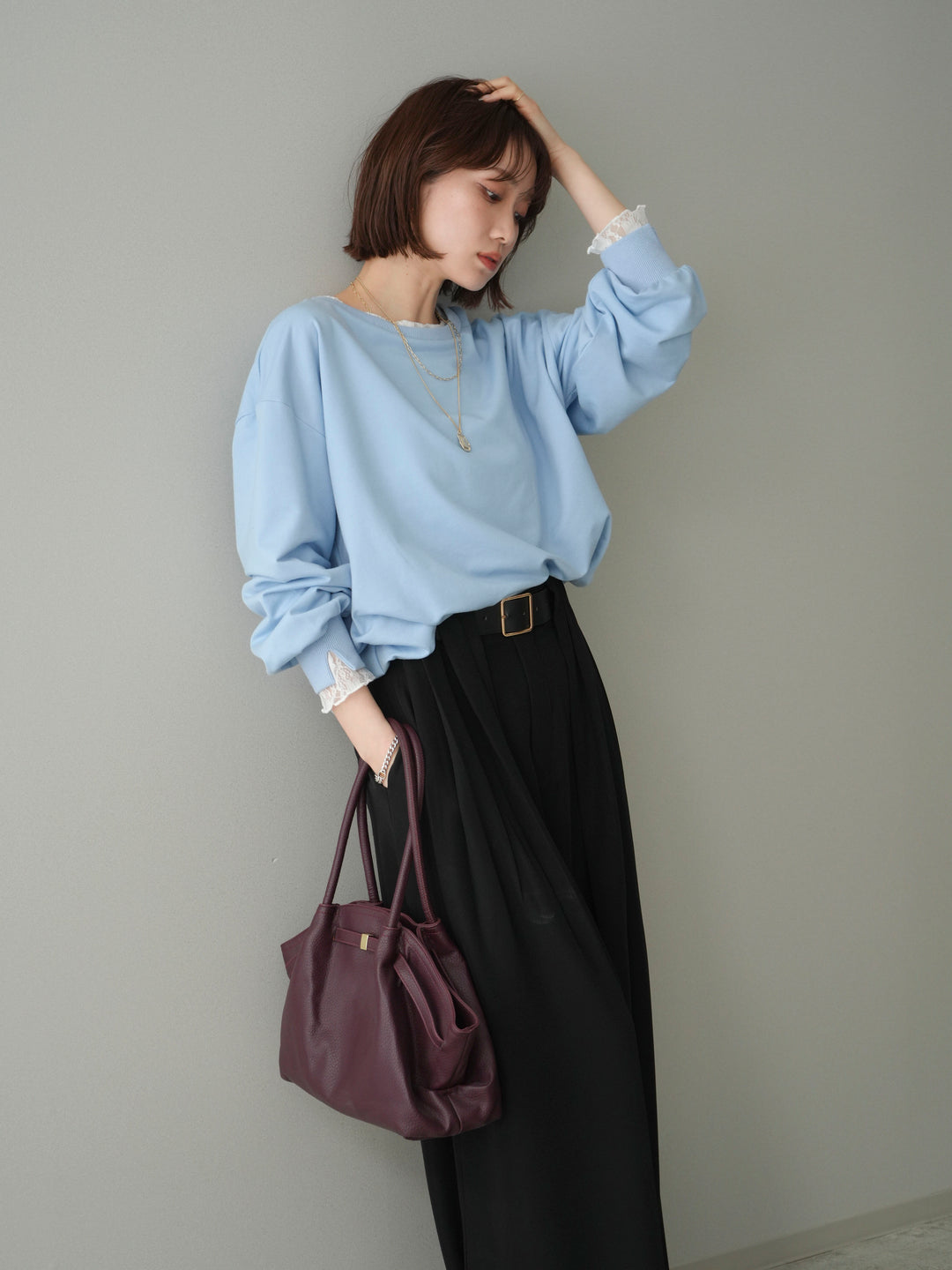 [予約]袖レースカットバルーンプルオーバー/sax