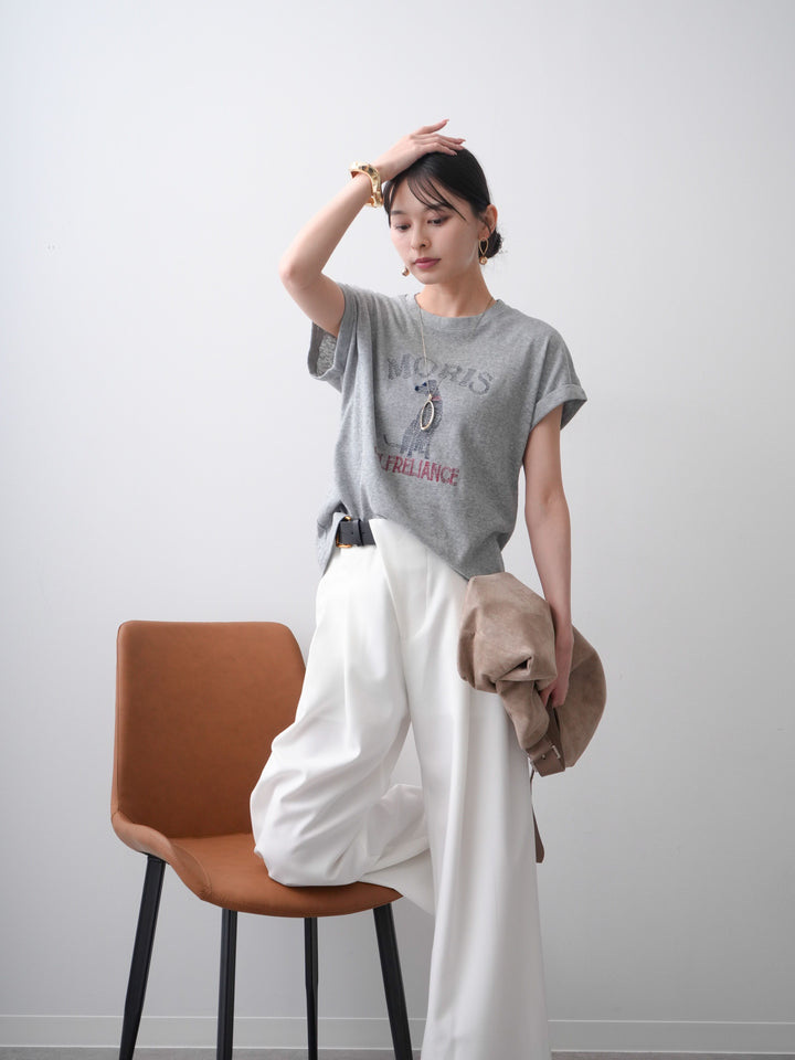 [SET]ドッグエンブロイダリーTEE+アシンメトリーベルトタックワイドパンツ(2set)
