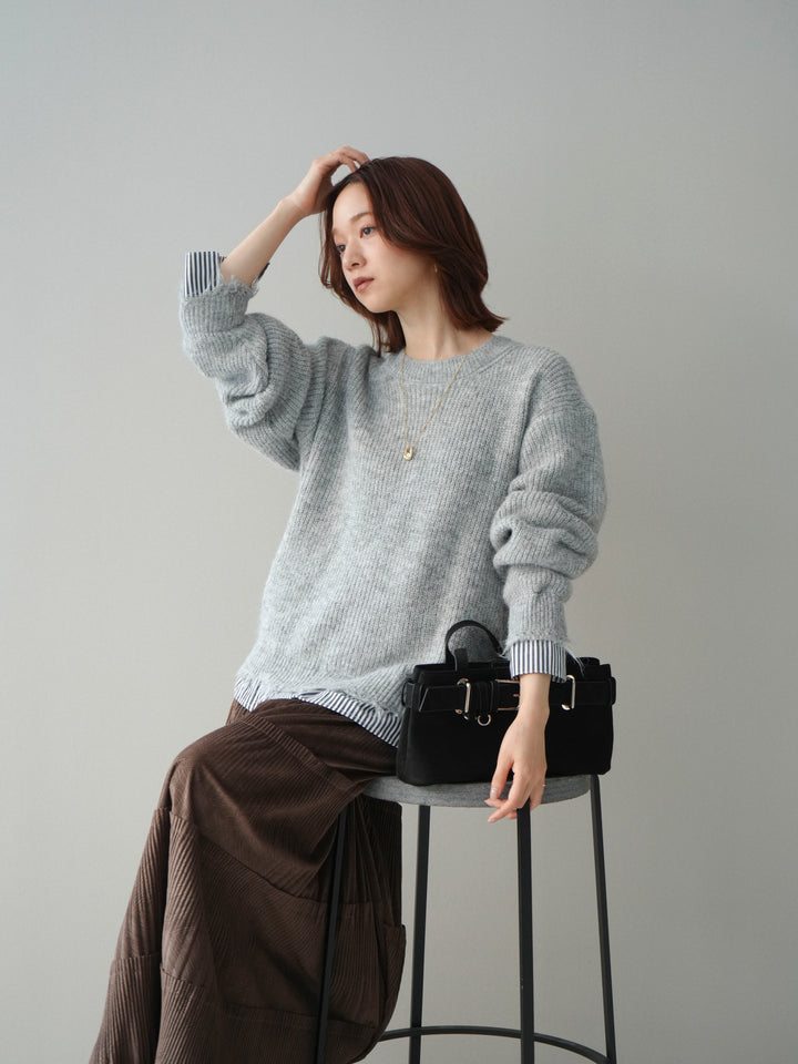 [予約]裾シャツレイヤードダメージニットプルオーバー/lightgrey