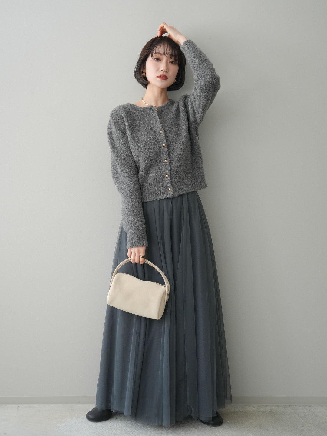 [SET]ゴールドボタンブークレニットカーディガン+チュールボリュームスカート(2set)
