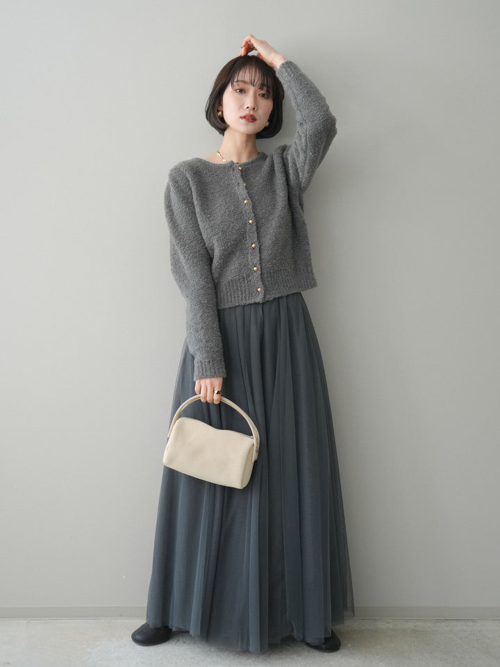 [SET]ゴールドボタンブークレニットカーディガン+チュールボリュームスカート(2set)