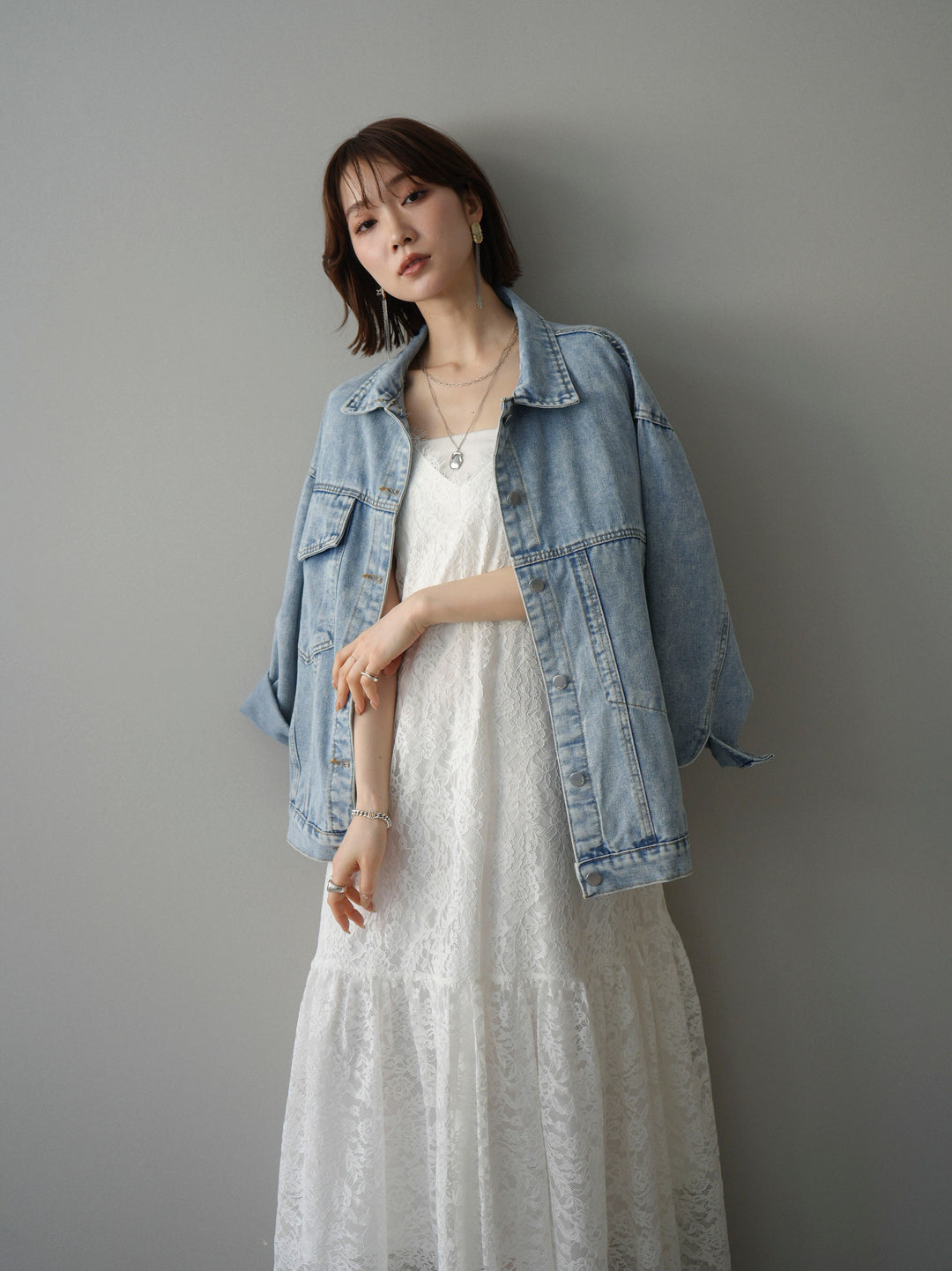 [予約]ギャザー切替レースキャミワンピース/white