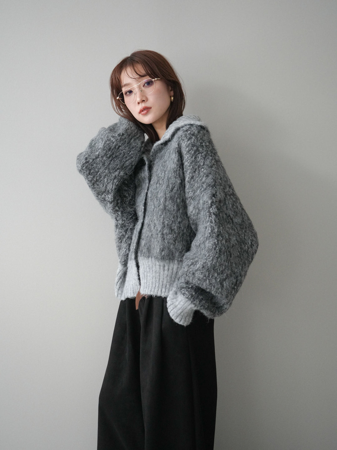 [SET]リブ切替メランジニットカーディガン+モチーフベルト付スエードタックワイドパンツ(2set)