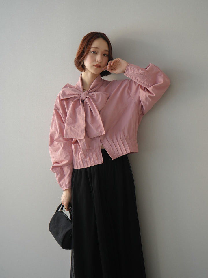 [SET]ボウタイ裾プリーツライトジャケット+ストライプチュールボリュームバギーパンツ(2set)