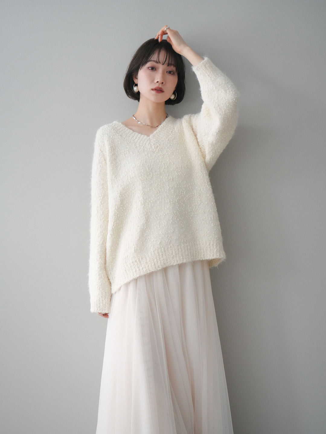 [SET]Vネックスラブニットプルオーバー+選べるアクセセット(2set)