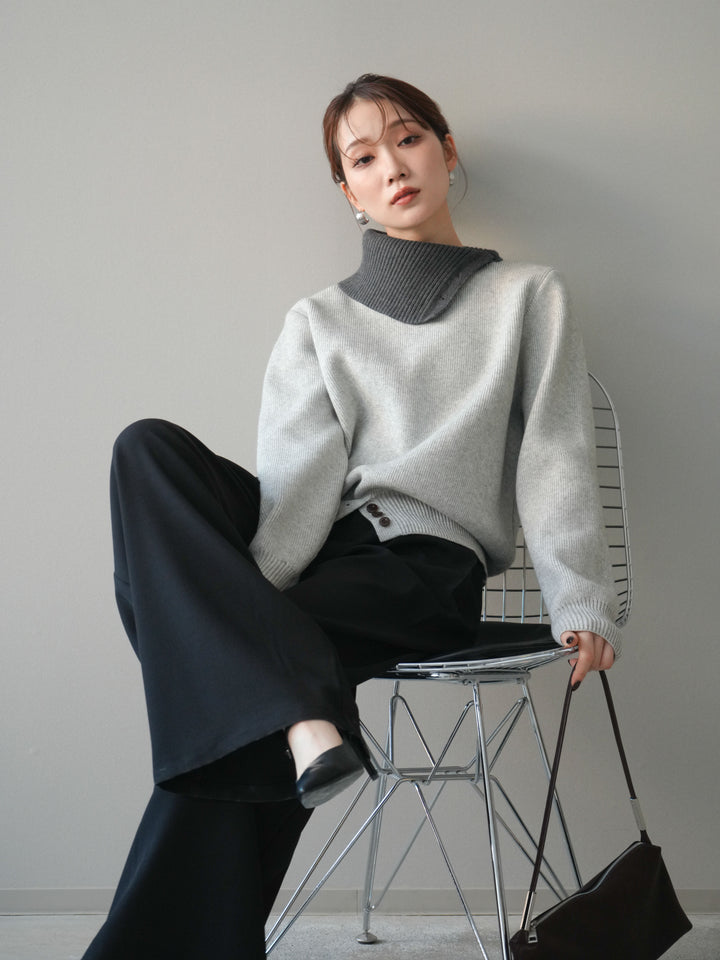 [予約]デザインネックバイカラーニットプルオーバー/gray