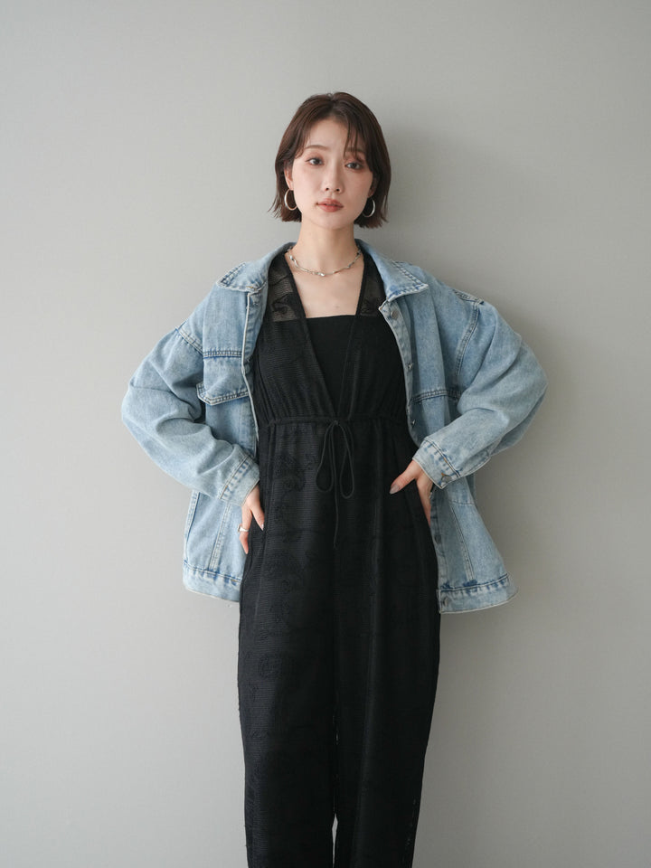 【套裝】蕾絲刺繡背帶褲+設計師款大口袋超大牛仔外套（兩件套）