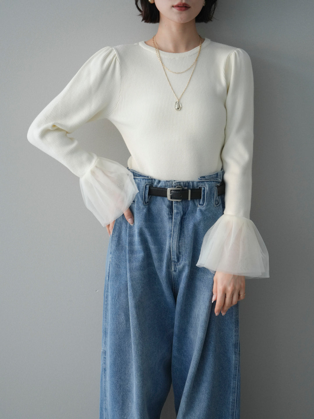 [SET]袖チュールパワショルリブニットトップス+選べるアクセセット(2set)