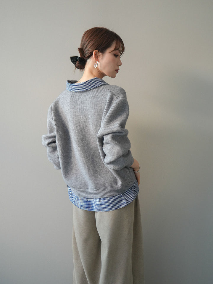 [予約]チェックシャツ襟ニットカーディガン/gray