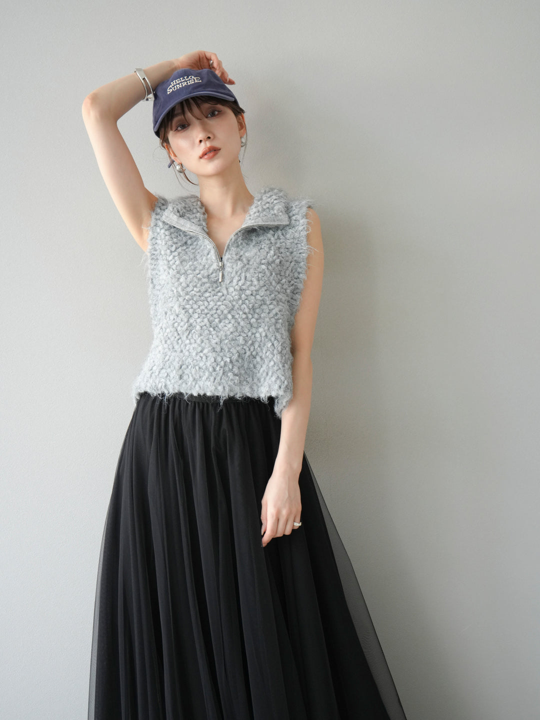 [予約]メランジブークレハーフジップニットベスト/モクグレー