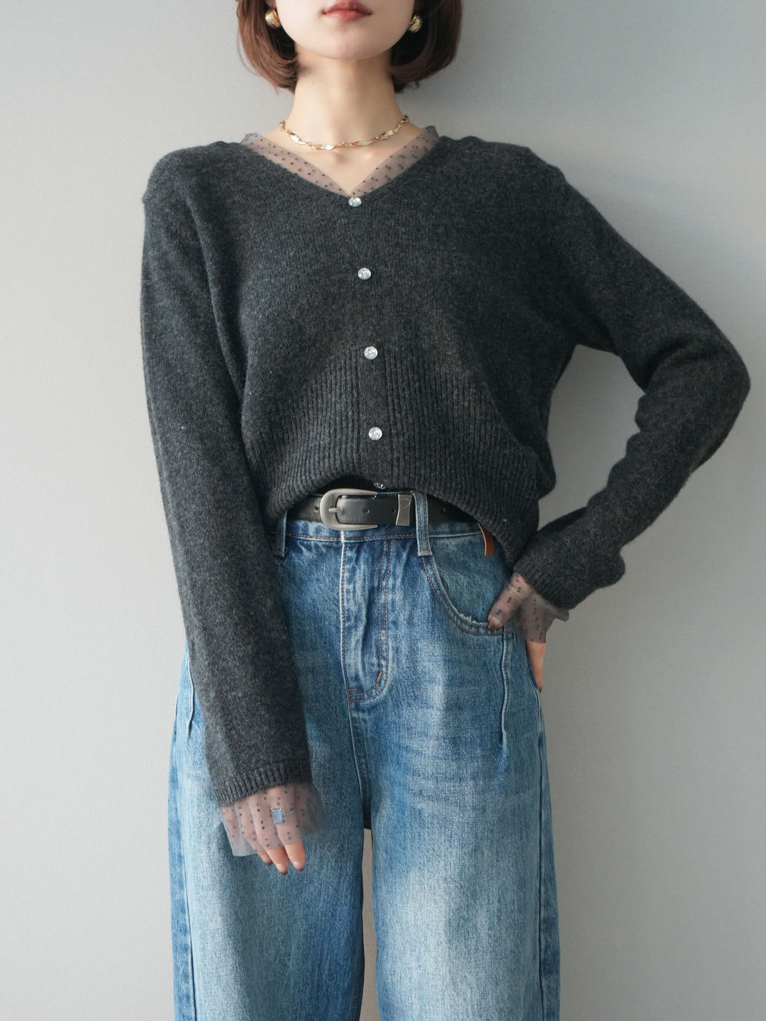 [SET]ドットチュールレイヤードボタンニットトップス+選べるアクセセット(2set)