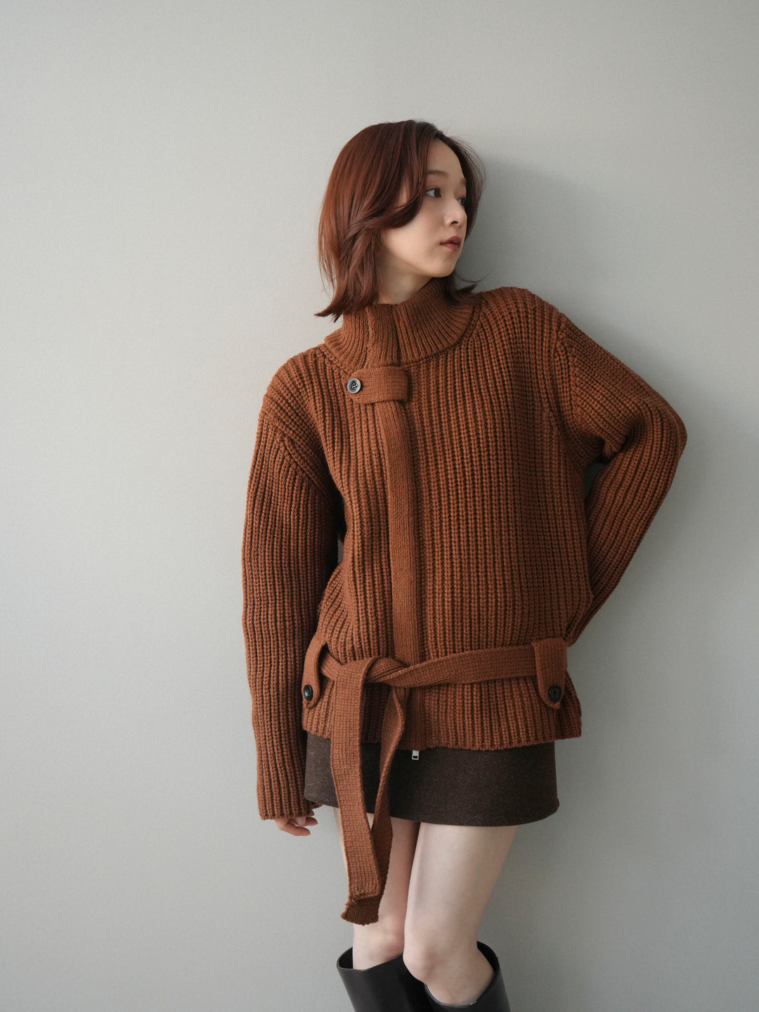 [予約]畦編みボトルネックZIPニットカーディガン/brown
