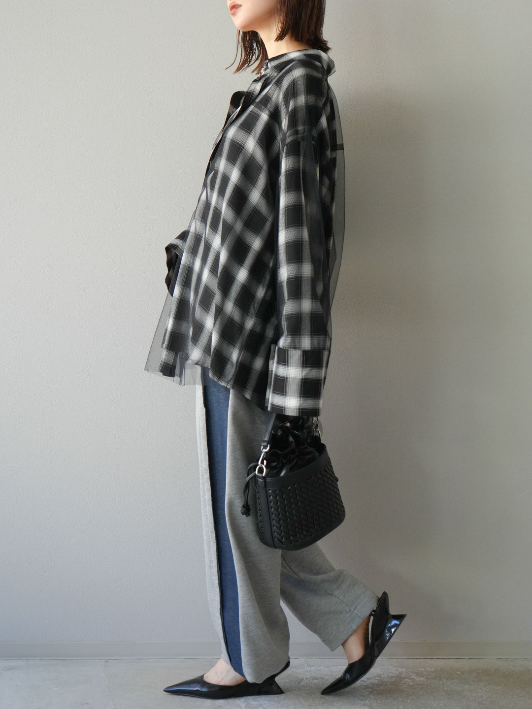 [套裝] 薄紗對接格紋寬鬆襯衫 + 牛仔布 Switch 2-Way 設計運動褲 (2 套)