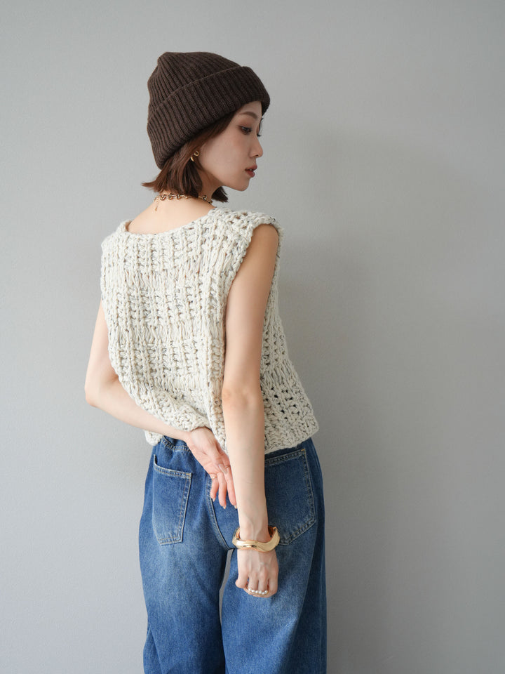 [予約]ミックスヤーンデザイン編みニットベスト/アイボリー
