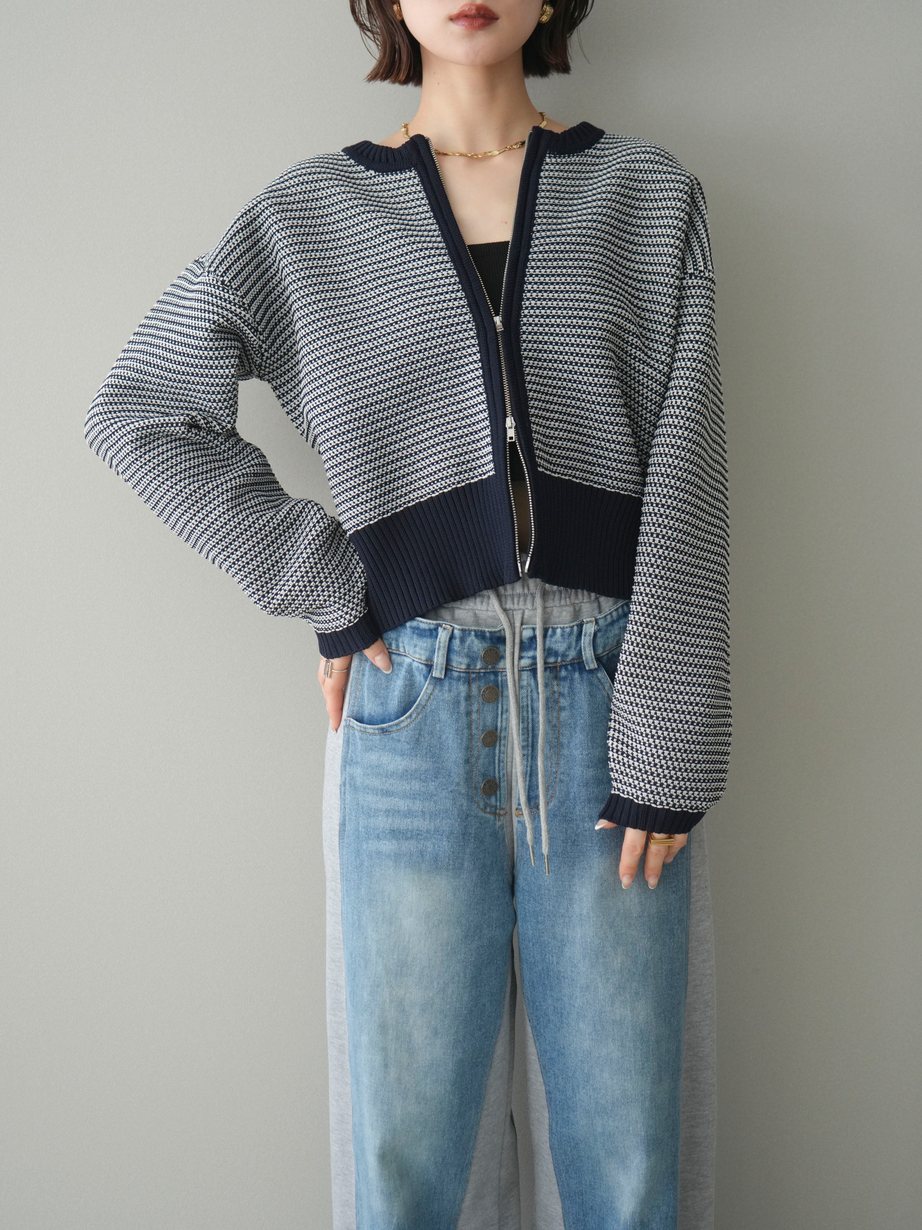 予約]ボーダーダブルZIPカーディガン/navy – Lumier