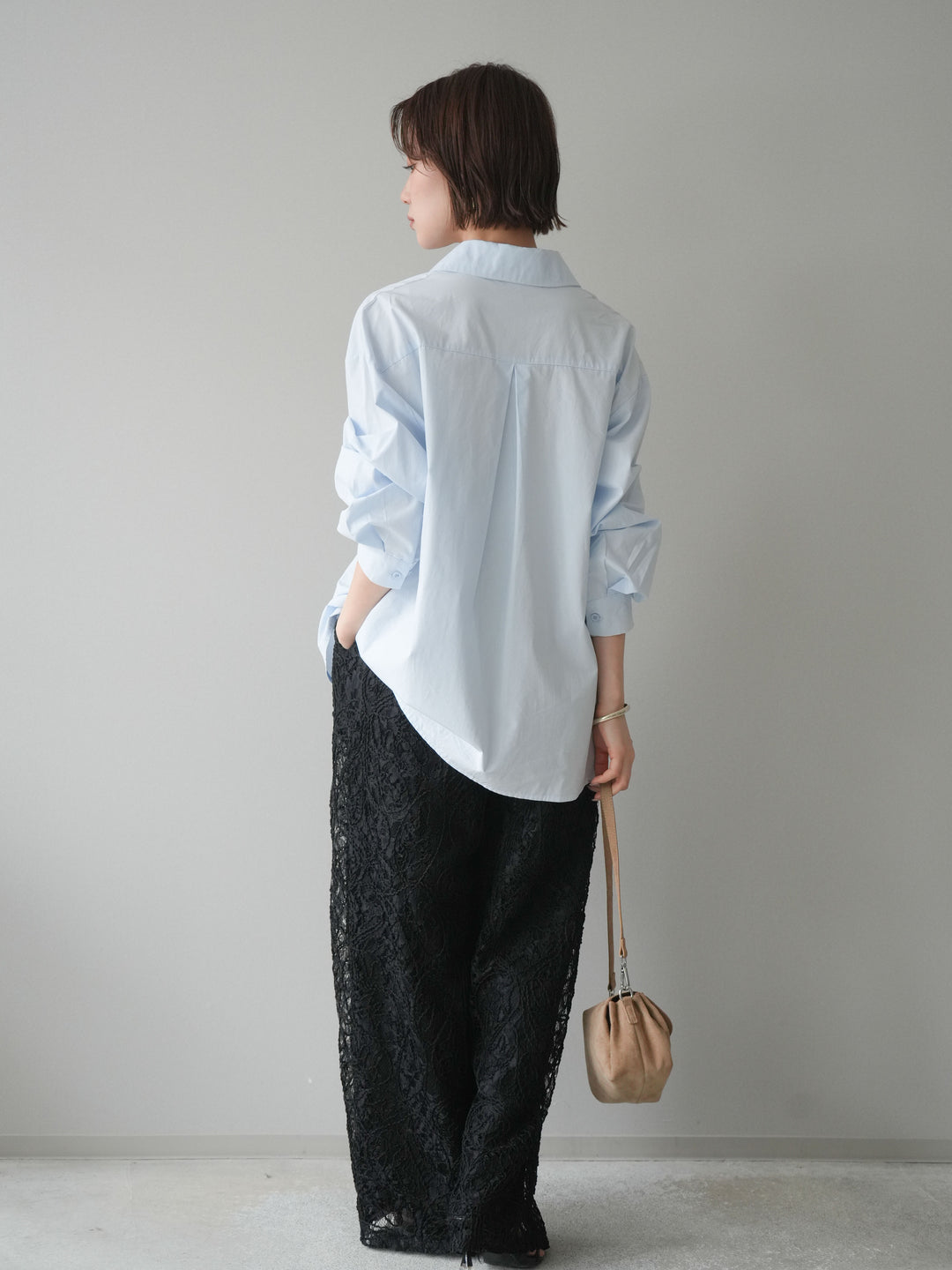 [SET]メタルパーツドレープシャツ+シアーコードレースイージーパンツ(2set)