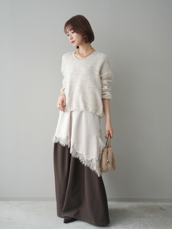 [SET]パール×ビジューVネックニットプルオーバー+アシンメトリーサテンレースキャミソール+テープベルトタックバギーパンツ(3set)