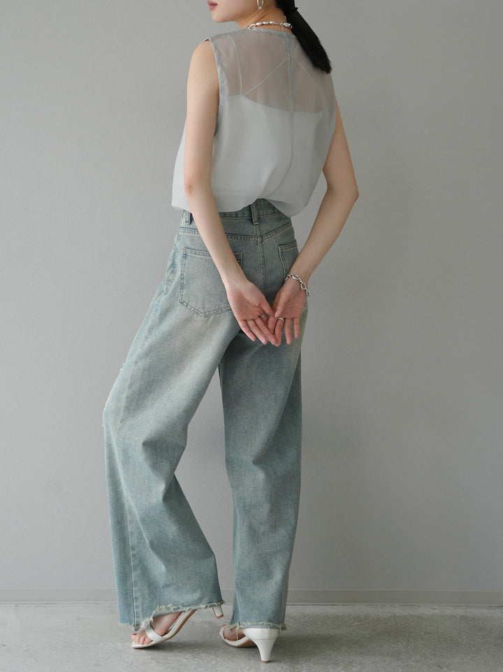 [SET] Organdy sleeveless top + belt asymmetrical damaged denim (2set)