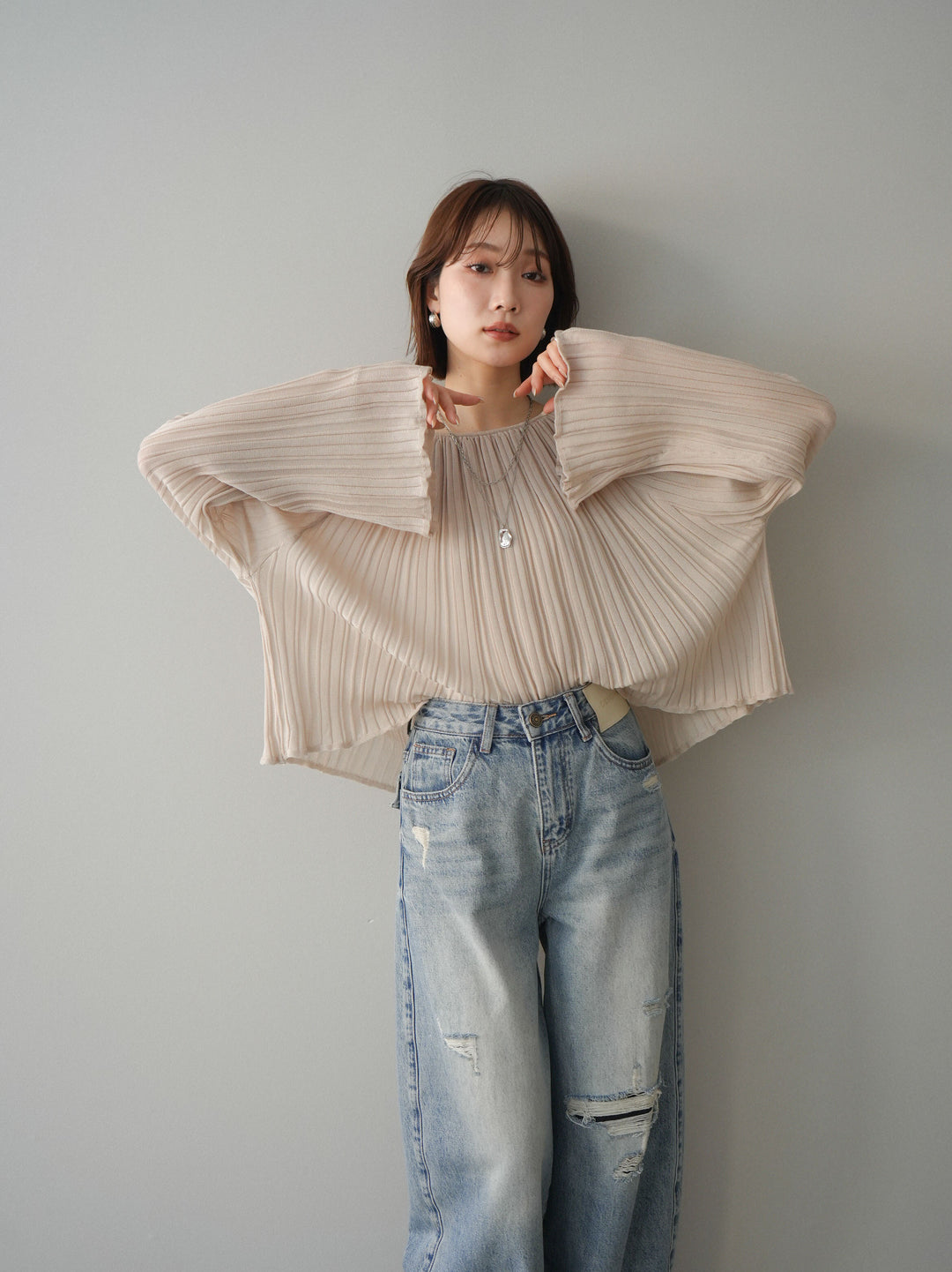 [SET]プリーツシアーフレアスリーブニットトップス+ダメージデニムセミワイドパンツ(2set)