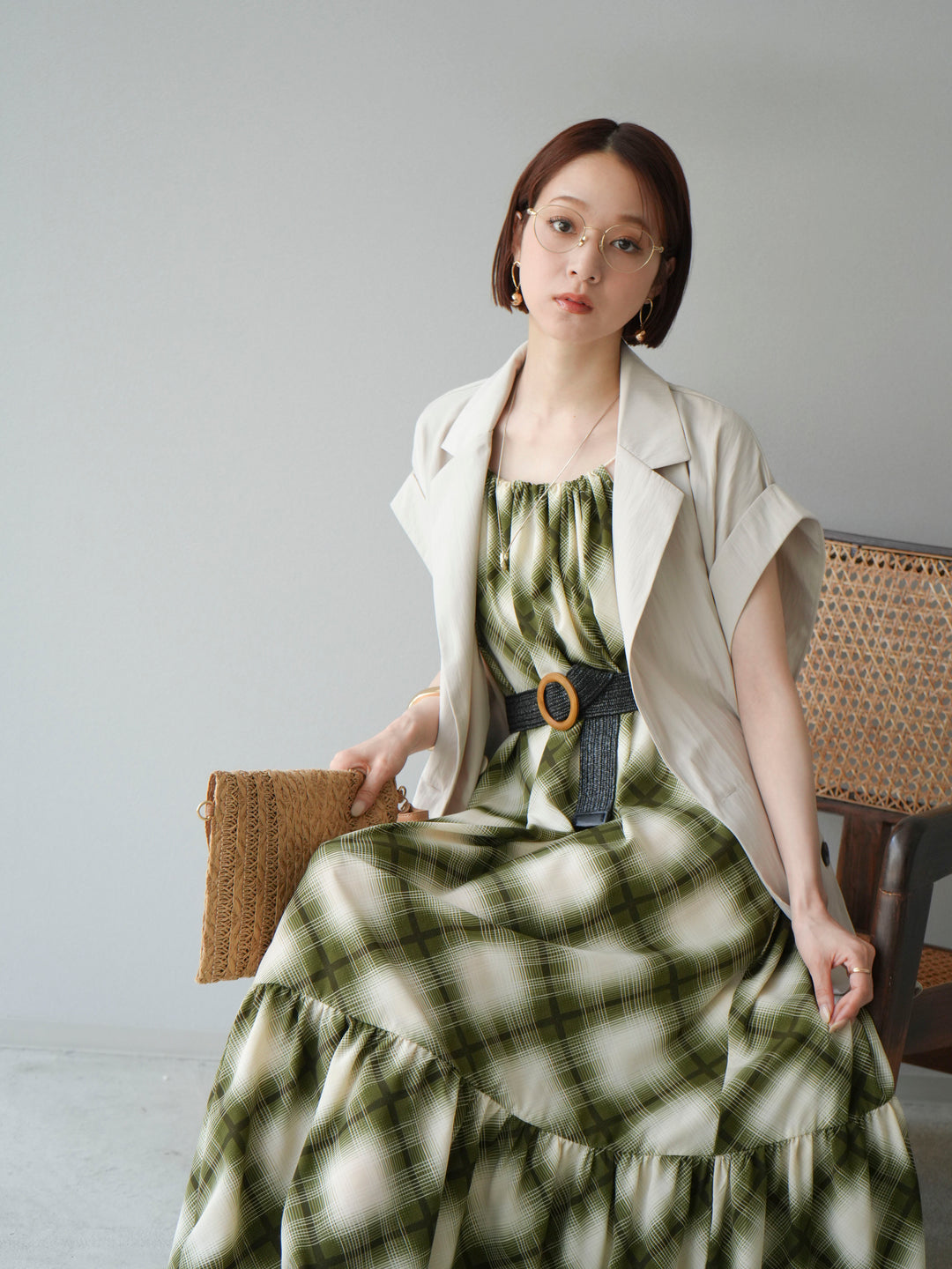 [SET]ベルト付チェックノースリーブワンピース+リネンライクノースリーブダブルジレ(2set)