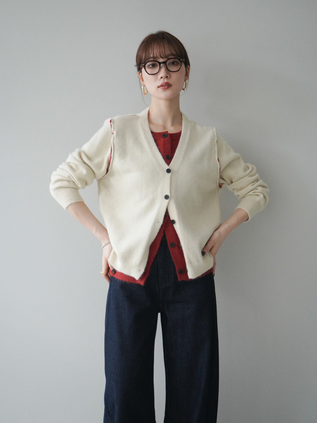 [予約]配色レイヤードニットカーディガン/ apricot