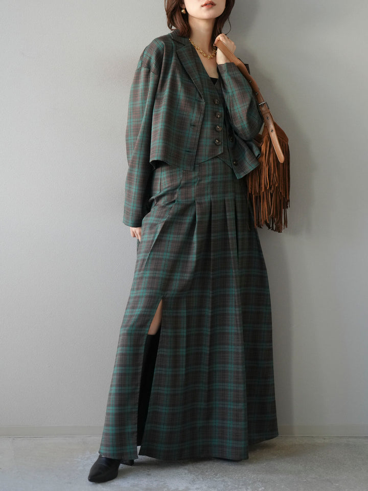 [SET]チェック柄ショートジャケット+チェック柄ベスト+チェック柄タックフレアスカート(3set)