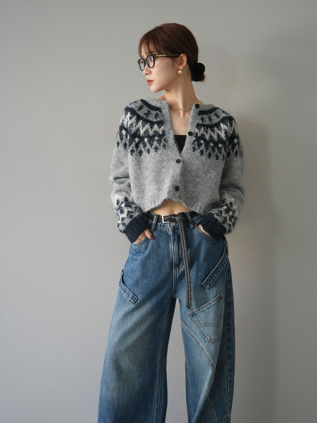 【着回しセット】[SET]求心柄クロップドニットカーディガン+ミックスヤーンペイズリー柄ニットカーディガン+ペインターカーブデニムパンツ(3set)