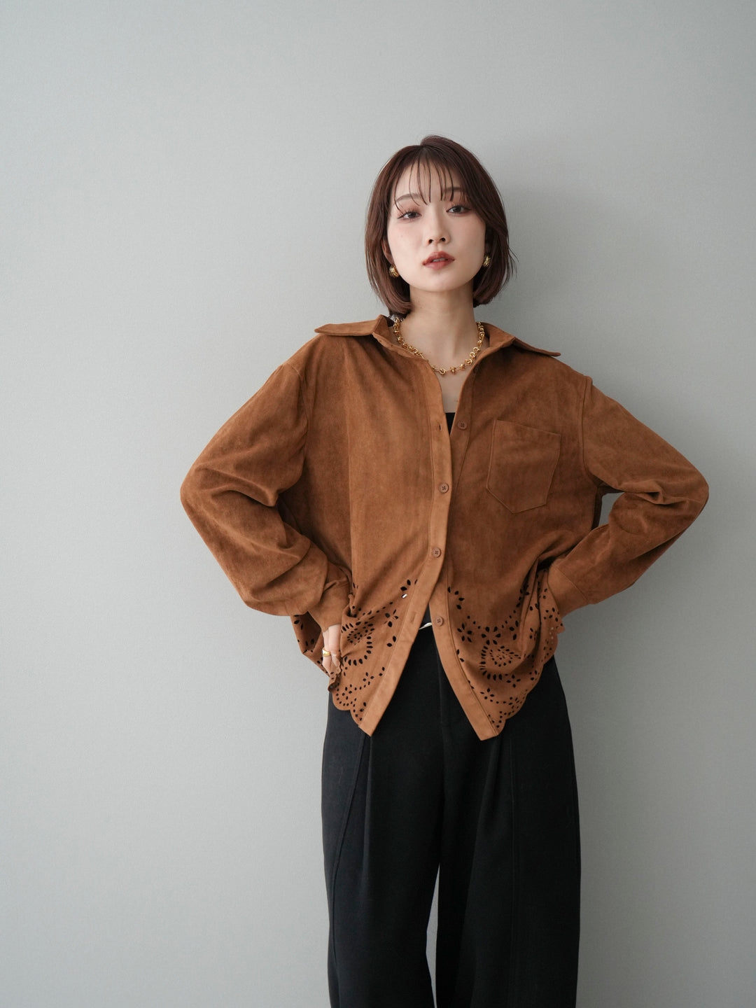 [SET]裾スカラップスエードシャツ+裾スカラップスエードシャツ(2set)