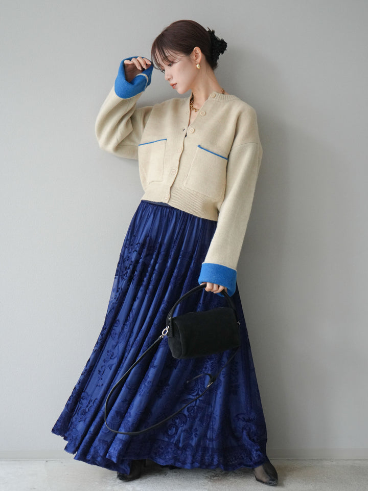 [SET]バイカラーオーバーニットカーディガン+アンティーク柄フロッキーマキシスカート(2set)