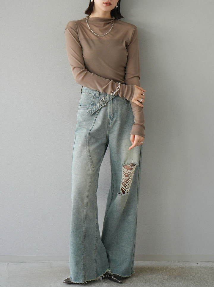 [SET]シアー切替ストレッチ長袖トップス+シアー切替ストレッチトップス(2set)