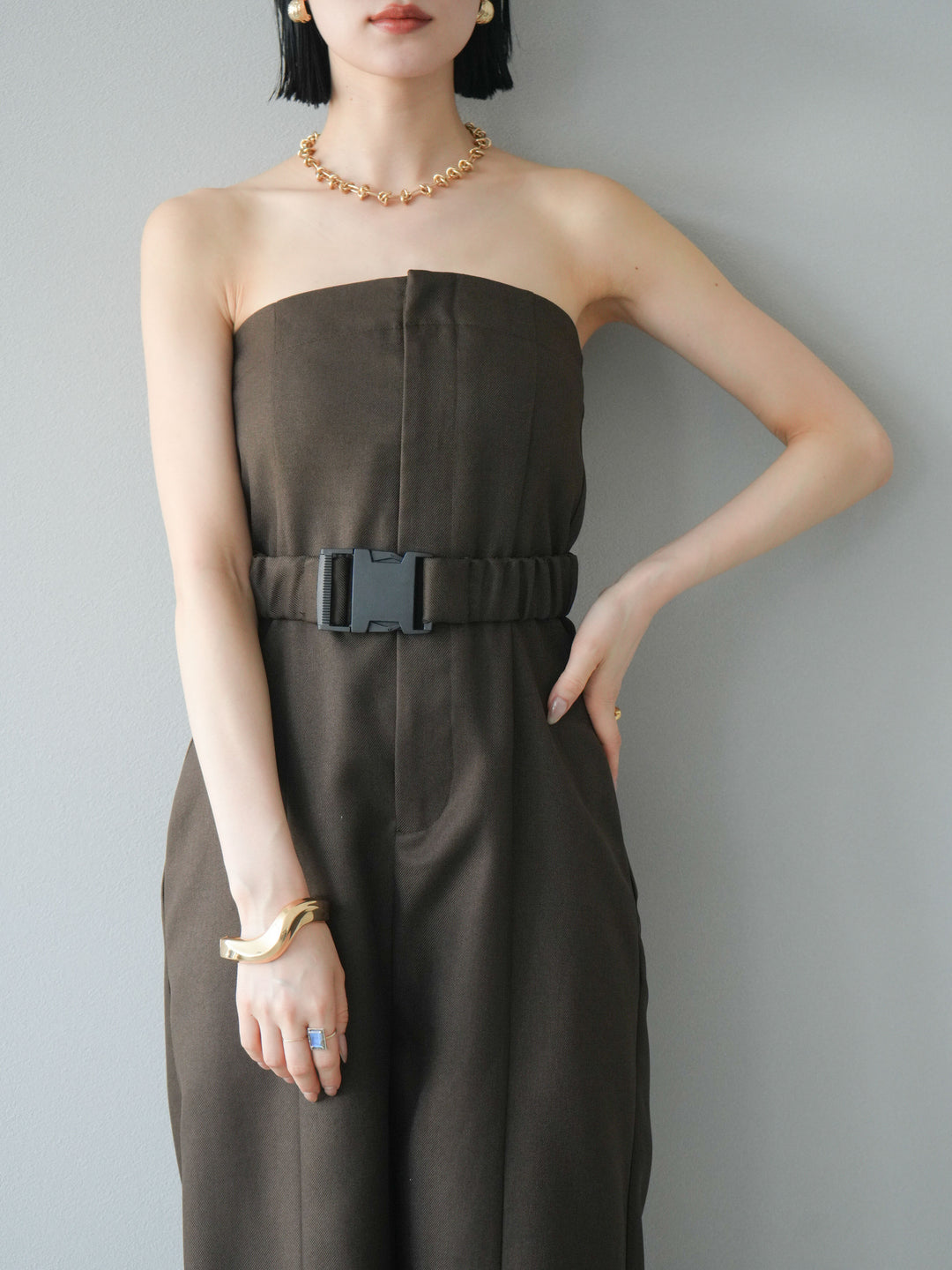 【預購】混色斜紋腰帶熊圖案工裝褲/棕色