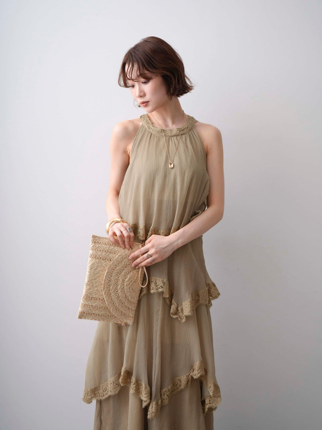 [予約]レースヘムティアードノースリドレス/khaki