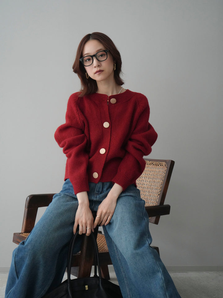 [SET]BIGボタンニットカーディガン+ベルト付裏起毛カーブデニムパンツ(2set)