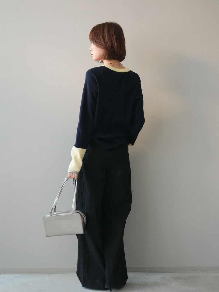 [SET]ヘンリーネック配色ニットソー+コットンタックループパンツ(2set)