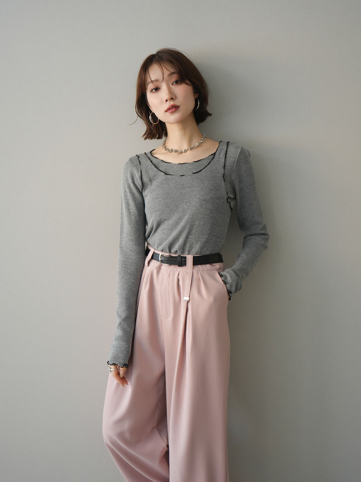 [SET]バイカラーメローアンサンブルシアーニットトップス+ベルト付キーホルダーモチーフワイドパンツ(2set)