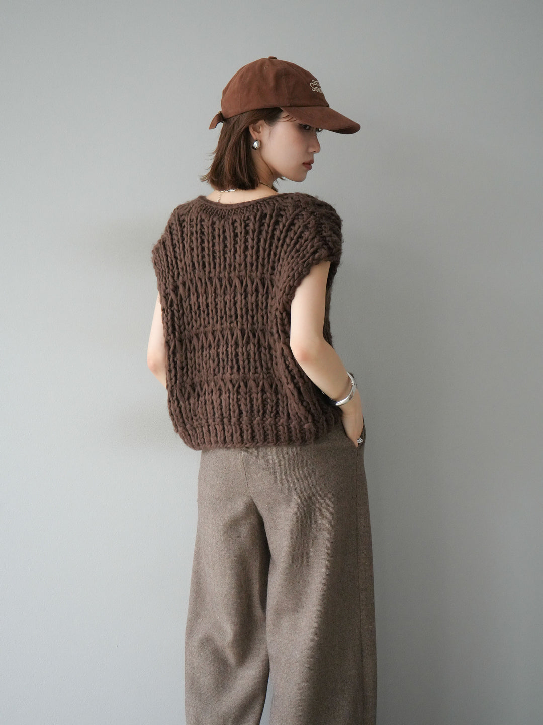 [SET] 手編繩結背心+粗花呢觸感褶皺寬褲（2件組）