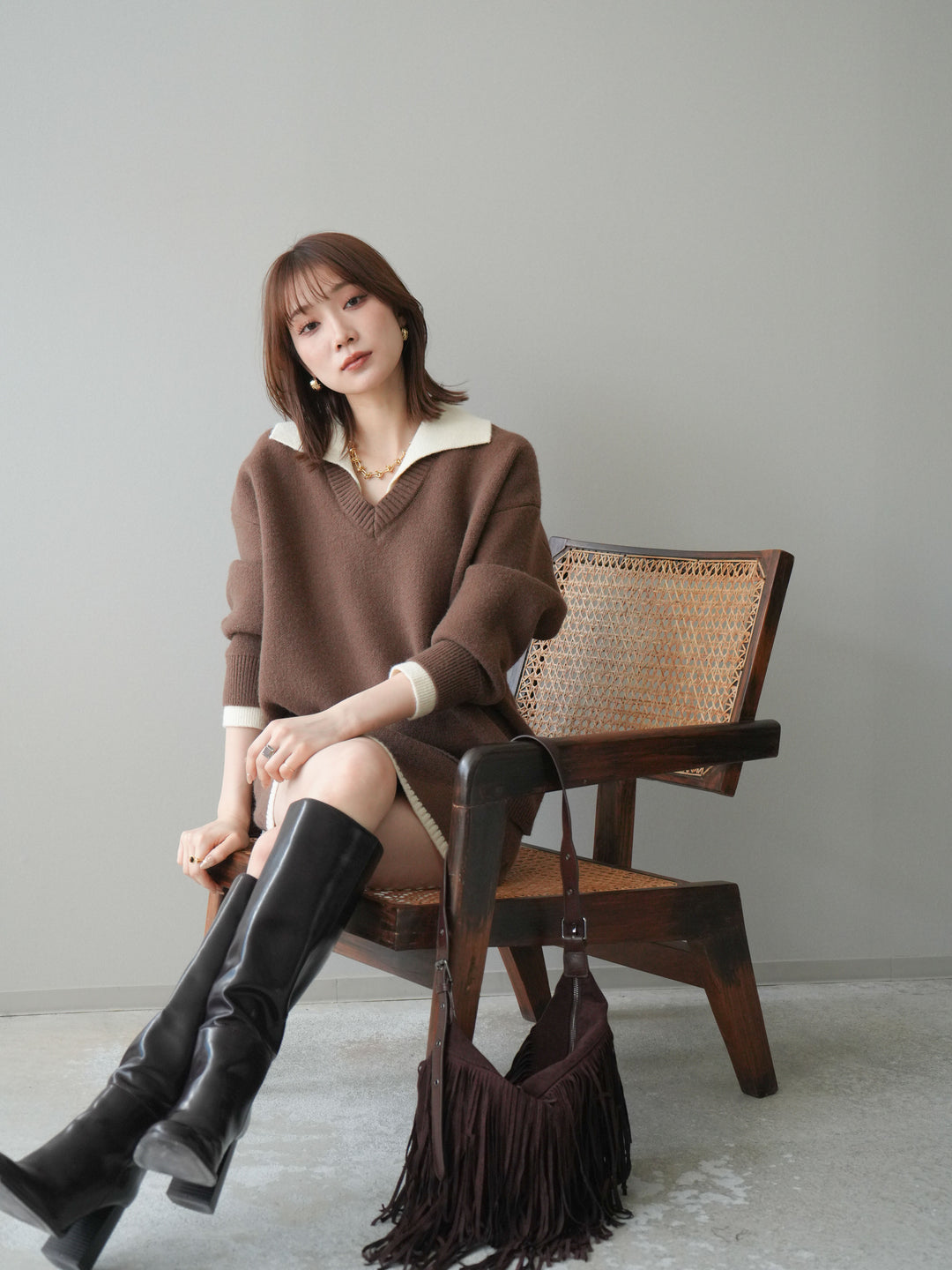 [SET]配色襟ニット＆ミニスカートSET UP(2set)