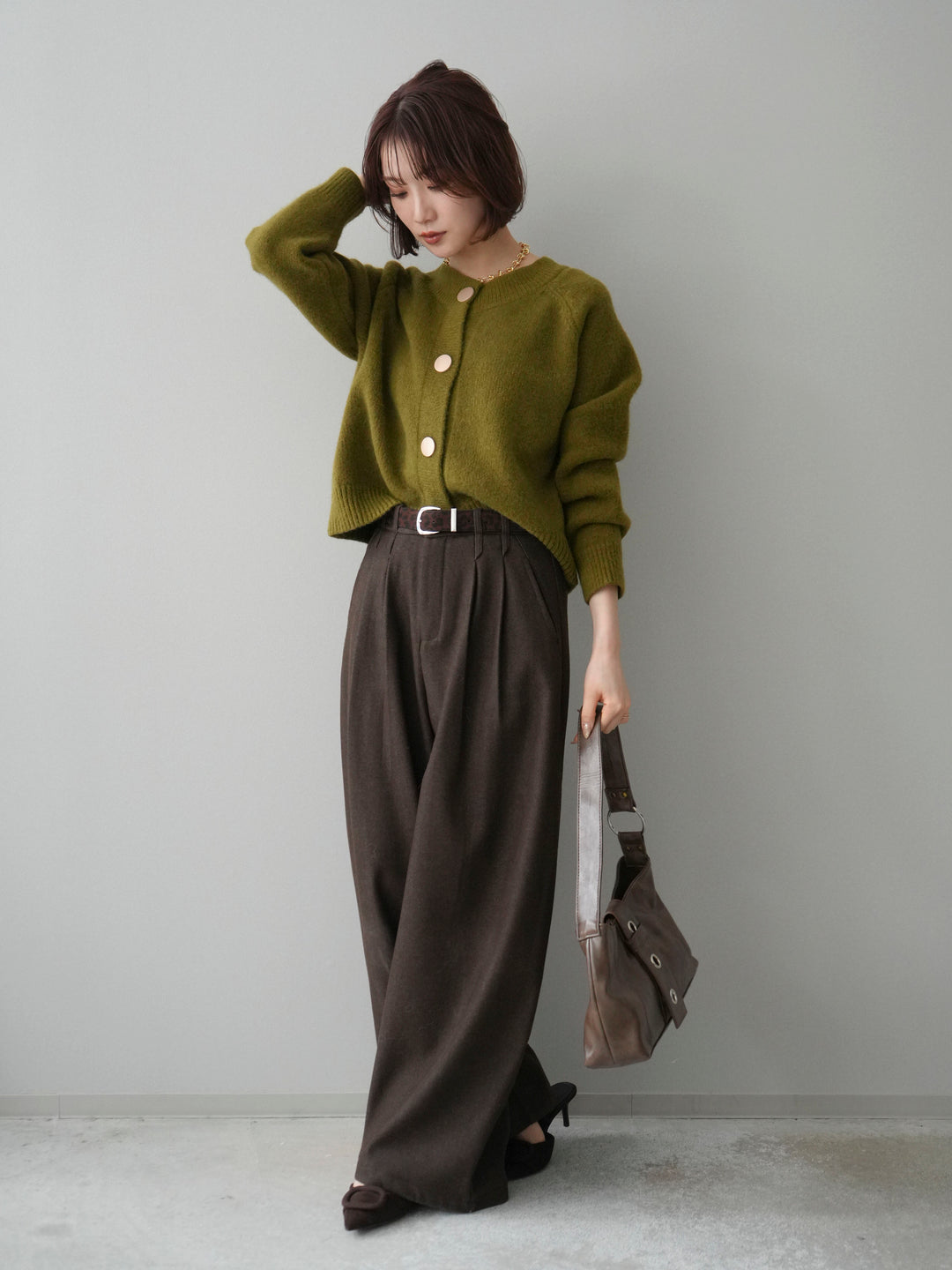 [SET]BIGボタンニットカーディガン+アニマル柄ベルト付きウールタッチワイドパンツ(2set)