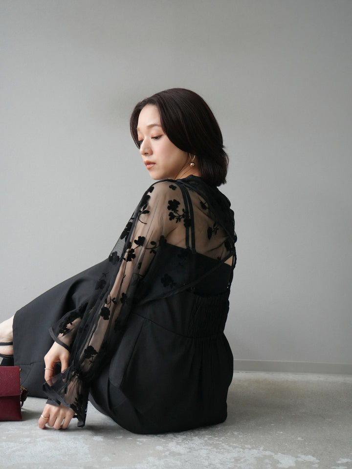 [予約]チュールフラワーフロッキーショートブラウス/ブラック